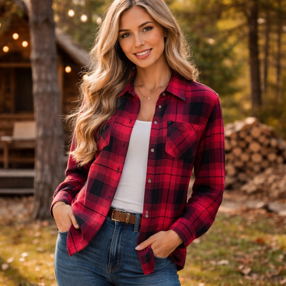 Natural Reflections Red Black Plaid Button Down Shirt Casual Western Top Cotton